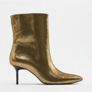 ZARA Gold Metallic Pointed Toe Boots Kitten Heel